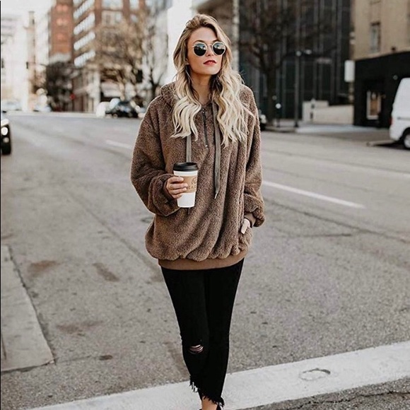 Soft fuzzy half zip teddy sherpa pullover hoodie - Picture 1 of 8